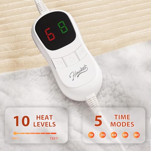 Image of Homemate Electric Heated Blanket Twin Size - 62 inchx84 inch Heating Blanket Twin Size 1 /2 /4 /6 /8 Hours Auto-Off 10 Heat Level Over-Heat Protection Soft Flannel Sherpa ETL Certification