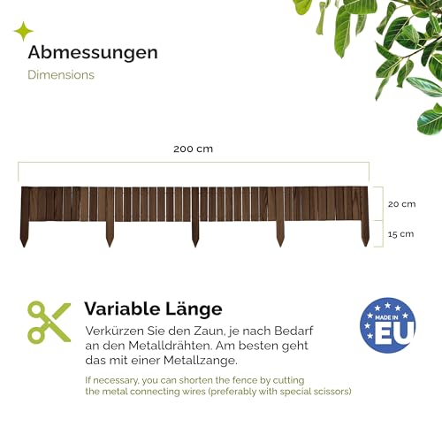 Garronda Beeteinfassung Holz Rollzaun Holzzaun 20 cm x 200 cm imprägniert Flexibler Rollborder Rasenkante Palisade Gartenzaun Umzäunung für Garten GD-0149, Dunkelbraun