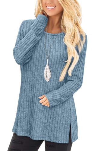 Image of Jescakoo Long Sleeve Shirts for Women Crew Neck Fall Tops Side Split Lightweight Tunic Sweaters Fashion Clothes 2025 S-4XL