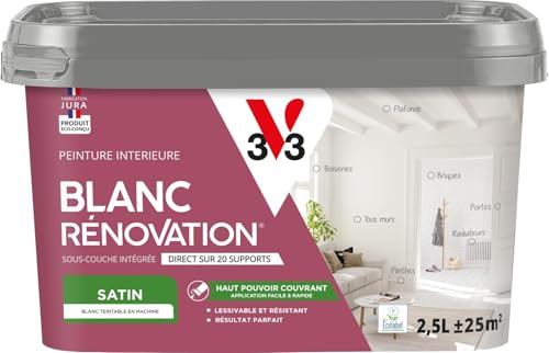 V33 Peinture blanche mur et plafond satinée - multi-supports - monocouche - BLANC RENOVATION®, 2,5L