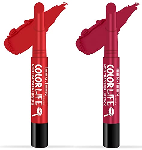 TEEN TEEN Color Life Nontransfer Crayon Lipstick |Matte Finish with Built-in Primer |Waterproof & Long Lasting Lip Color |Smudge-Proof, Fade-Resistant Formula |Combo Color (Ruby Red, Red Wine)