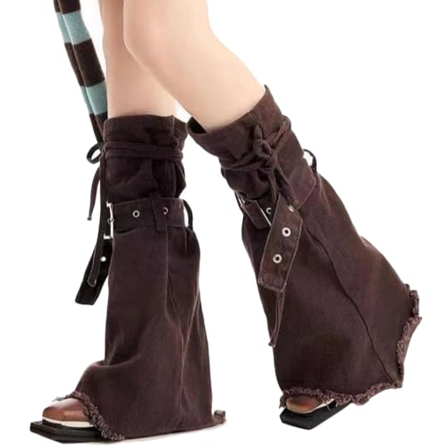 Women Punk Jeans Leg Warmer with Buckled Bandages Spring Frayed Bottom Flared Long Sock Boot Leg Sleeve
