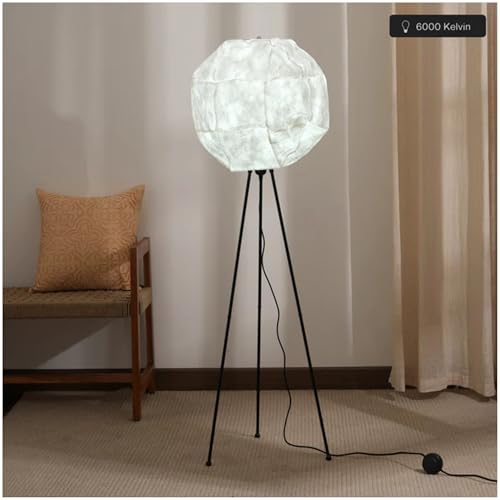 Image of FIG Living Luna Floor Lamp (Off White) | 140 cm Tall Standing Lamp | Handcrafted Lampshade with Knock Down Tripod Stand | Best for Home Decor, Living Room, Cafe & Restaurant | No Bulb