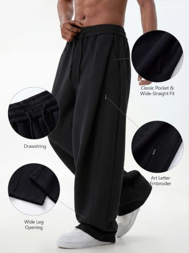 Areant Mens Heavyweight Baggy Sweatpants Wide Leg Elastic Waist Drawstring Lounge Sweat Pants Athletic Loose Joggers Black Large — view 4
