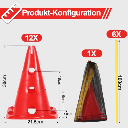 Hebitod Steckhürdenset 12 Kegel mit 6 Stangen, Agility Hürden Steckhürden Set, Koordinationstraining für Kinder Hunde Teamsport Fussball, Multifunktionskegel, für Fußball, Hundesport