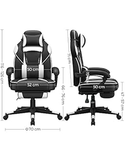 SONGMICS Fauteuil de Bureau, Chaise Gaming, Réglable, Repose-Pieds Télescopique, Mécanisme à Bascule, Appui-tête, Support Lombaire, Charge 150 kg, Noir d'encre et Blanc Nuage OBG73BW