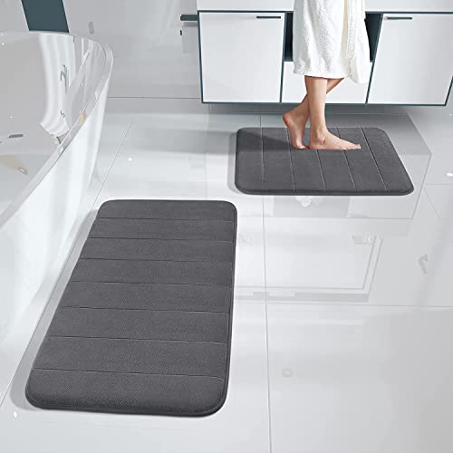 Yimobra Memory Foam Bath Mat Set, Non Slip Super Water Absorption Soft Bathroom Rugs, Thick, Dry Fast, Machine Washable for Bathroom Floor Mat, 43x61+81x51 cm, Dark Gray