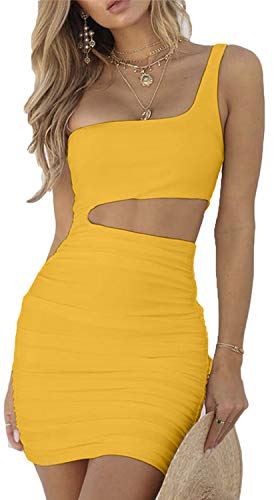 CHYRII Women's Sexy One Shoulder Sleeveless Cutout Ruched Bodycon Mini Club Dress, Yellow-2, Medium
