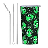 Raunew 20oz Insulated Tumbler with Lids and 2 Straws, Green Alien Cute Print Travel Coffee Mug Stainless Steel Vacuum Cup Water Bottle with Brush for Sports, School, Work, Car, Travel