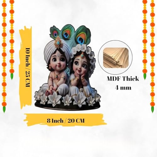 Image of Cute Radha and Krishna Wall-Mounted Key Holder, Decorative MDF Wood, 20x25 cm, 7 Hooks, UV Printed Design, Decorative Wooden Key Stand - Home & Office White & Black