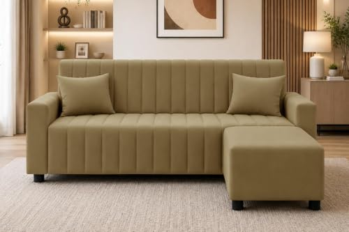 Image of Rosebell Three Seater Sofa with Ottoman | Living Room Couch | with Cushions | Sofa for Home, Apartment & Office-Golden