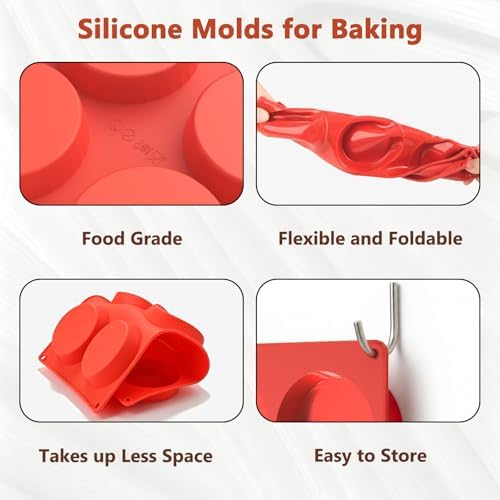 Redfly Silicone Egg Molds for Breakfast Sandwiches 2 Pcs, Non Stick 3 Inch Egg Bites Baking Pans, Silicone Muffin Pans for Baking - 4