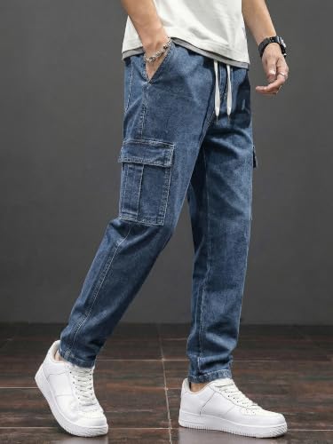 Image of JMIERR Men's Elastic Waist Cargo Jeans Stretch Denim Pants with Drawstring Straight Leg for Casual Daily Wear