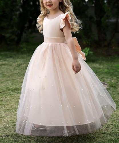 Flower Girl Dress Satin Pageant Dresses for Girls V Back Wedding Party Formal Ball Gowns with Bow-Knot4