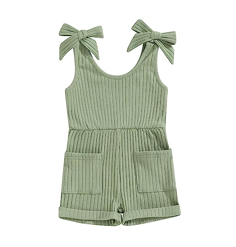 Toddler Baby Girl Romper Summer Ribbed Bow Straps Jumpsuit Playsuit Botton Down Tank Vest Romper One Piece Outfits (Light Green, 18-24 Months)