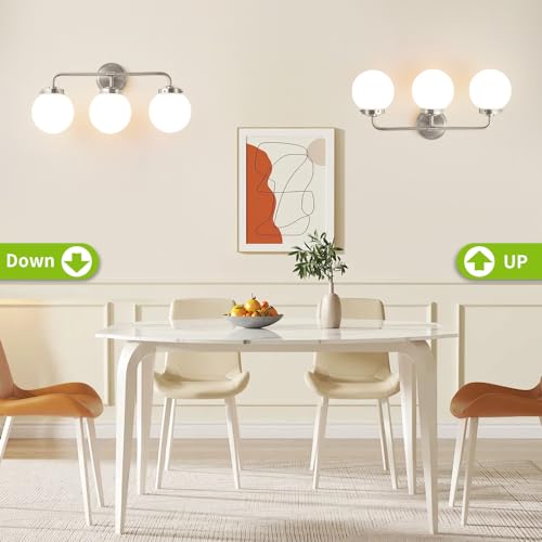 Image of Bathroom Light Fixture 22.4in 3Light Brushed Nickel Vanity Light for Mirror | Bathroom Lighting Fixtures over Mirror, ETL, Brushed Brass Wall Sconce, Dimmable E12 Base Max 60W, Milky Glass Ball Shades