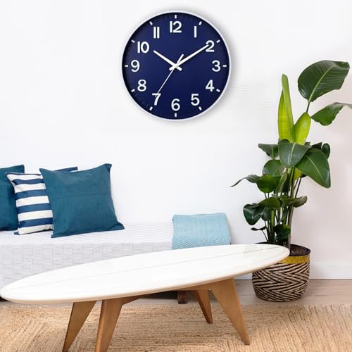Image of HZDHCLH Navy Blue Wall Clocks Battery Operated,12 inch Silent Non Ticking Modern Wall Clock for Living Room Bedroom Kitchen Office Classroom Decor