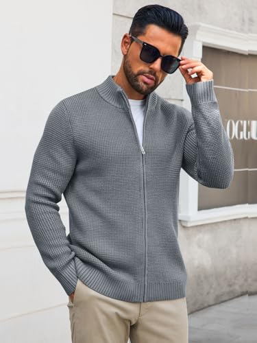 Runcati Mens Full Zip Cardigan Sweater Casual Waffle Stand Collar Knitted Winter Chunky Sweaters3