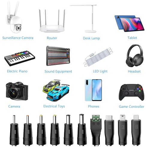 Universal Charger Power Cable, 5V USB to DC 5.5x2.1mm,with 10 Connectors (Micro-USB, Type-C, Mini USB, 2.5x0.7, 3.0x1.1, 3.5x1.35...) for Lamp,Mini Fan, Camera,Mobile Phone, USB Power Bank Charging
