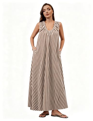 Image of Women Flowy Maxi Dress Ruched Sleeveless Long Dress Vacation Fashion Summer Casual Loose Fit Sundress with Pockets