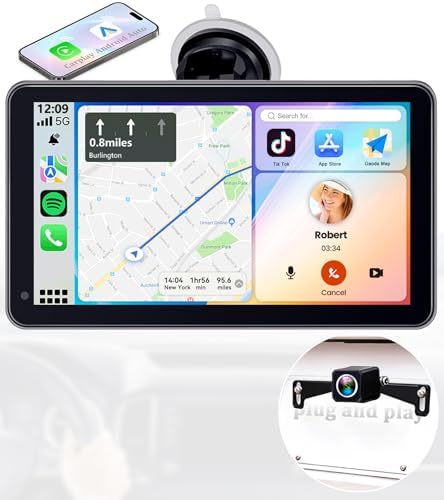 Portable Wireless CarPlay Screen - 7-inch Plug & Play No Dashboard Removal Upgrade for Older Cars - Compatible for Apple CarPlay & Android Auto with Backup Camera