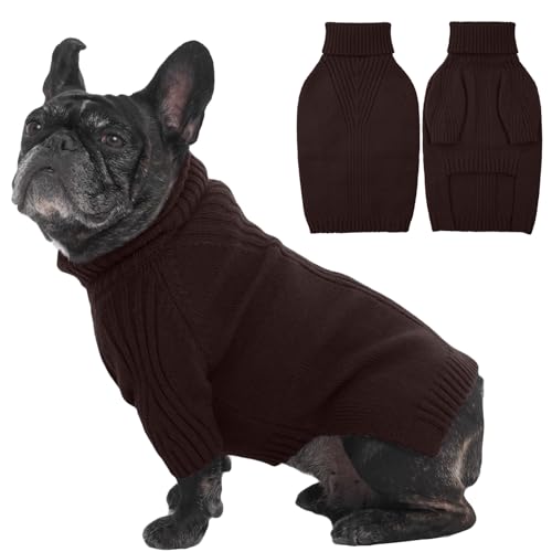 Image of IECOii Small Dog Sweater, Warm Turtleneck for Small to Medium Dogs, L | Holiday Knit Doggy Sweatshirt,Girl Boy Dog Sweaters for Winter,Cozy Pullover Knitwear with Sleeve for French Bulldog,Browm