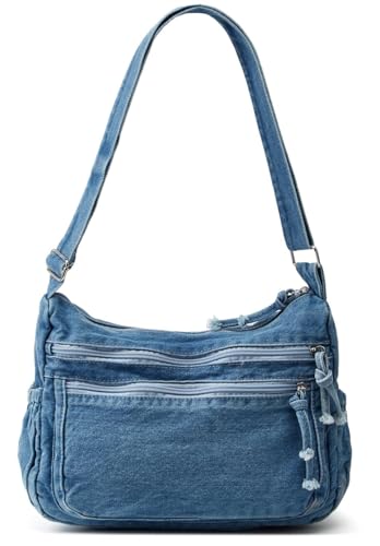 Bolsa de ombro feminina retrô grande de lona, jeans, transversal, estilo casual, leve, A - azul-claro