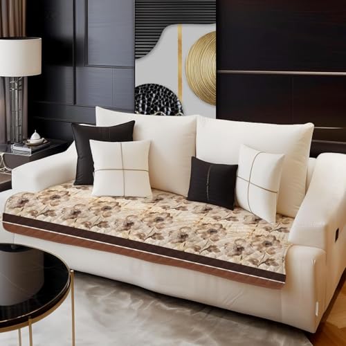 Image of Decorian Premium Soft Quilted Velvet Sofa Cover Mat, Sofa Seat Runner for Couch (Brown Flower Stripes, L Shape 7 (4+3) Seater)