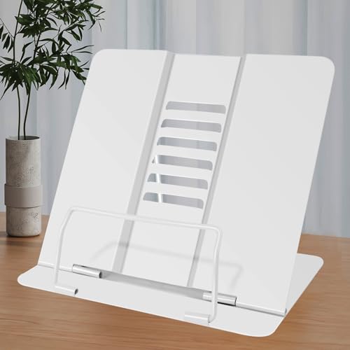 Soporte de lectura ajustable para leer, plegable para niños, soporte para libros de metal, utilizado para sostener discursos, libros de texto, iPads y recetas (blanco)