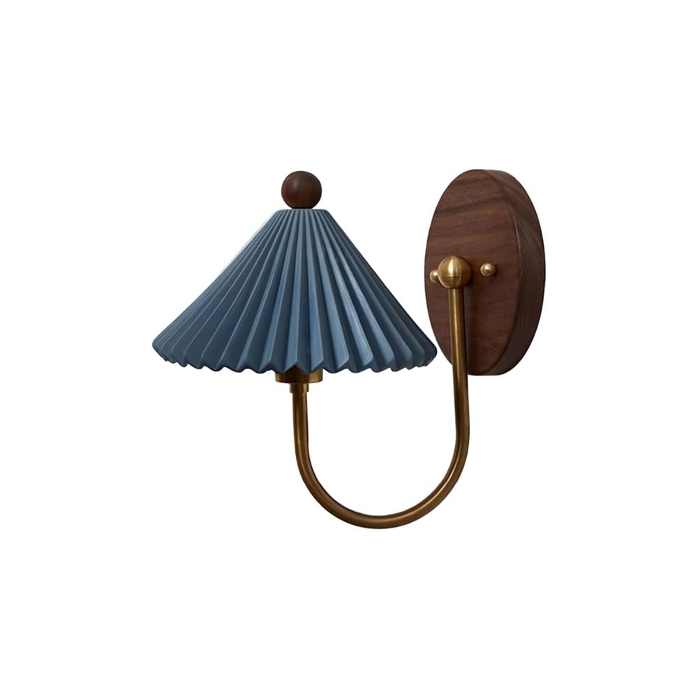 IvyLoutish Modern Nordic Minimalist Wall Sconce, White Pleated Ceramic Cone Shade, Solid Walnut Wood Base, Brass Finish Curved Arm, Aesthetic Accent Light for Bedroom, Study, Hallway, Bedside.(Blue)