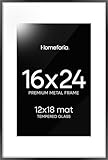 Homeforia 16 x 24 Picture Frame Black, High End Metal 24x16 Poster Frame, 16 x 24 Black Frames Matted to 12 by 18 inch Print, 24by16 Thin Frame with Mat 12x18 Photo, Tempered Glass, Wall Kit, Set of 1
