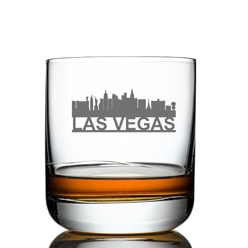IMI Customs Las Vegas City Skyline Whiskey Glass Rock Glass, (10.5 Oz, clear) Bourbon Rock Glass Made in the USA Old Fashioned Whiskey Glass Etched Whiskey Glass, Gifts For Whiskey Lovers