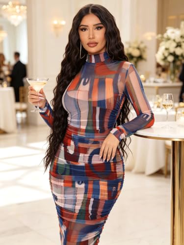Image of MOEENCN Women's Sexy Long Sleeve Sheer Mesh Midi Bodycon Dress 2 Piece Set