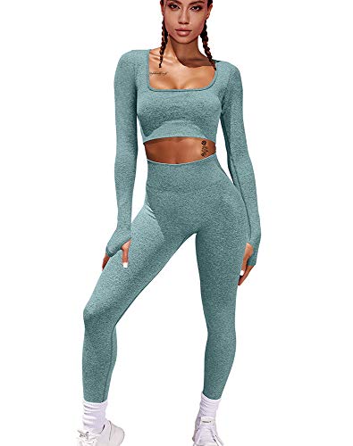 HYZ Women's Workout 2 Piece Outfits High Waist Legging Gym Yoga Bodycon Sports Crop Top Sets DarkGreen