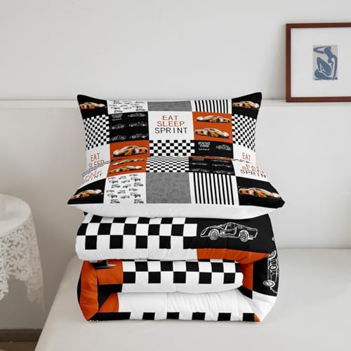 Image of Feelyou Race Car Bedding Set Speed Sports Car Comforter Set Toddler Size for Kids Boys Girls Racing Car Comforter Geometric Grid Extreme Sports Inner Fill Duvet Set 1 Comforter Set with 1 Pillowcase