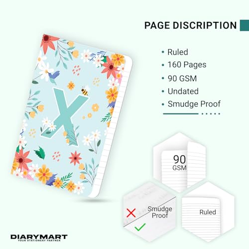 Image of Initial X Premium Soft Bound Notebook Diary for Girls and Women (B6, 90 GSM, 160 Ruled Pages) Floral Design Notebook Journal Diary