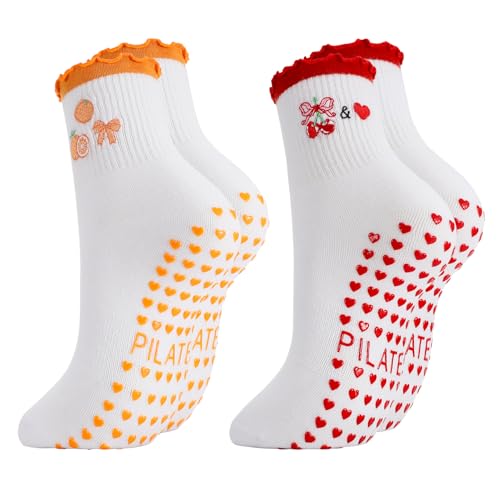 Image of Jspupifip 2 /4 /5 Pairs Cute Pilates Socks for Women Embroidery Non Slip Yoga Socks for Barre Workout Hospital