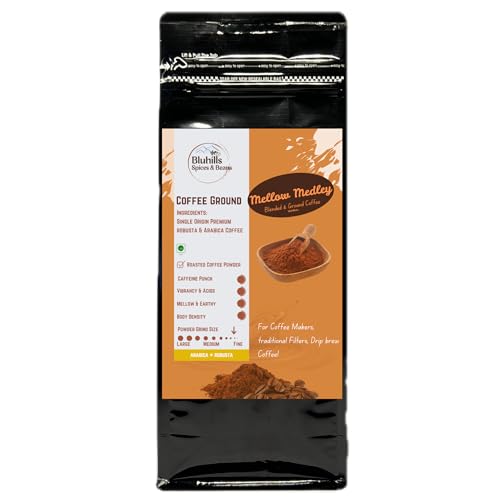 Image of Bluhills Mellow Medley - Blend of Pure Arabica & Robusta Coffee, 250g, Wayanad Robusta & Arabica blend, freshly roasted and ground for a perfect filter coffee, stove top, or drip brew