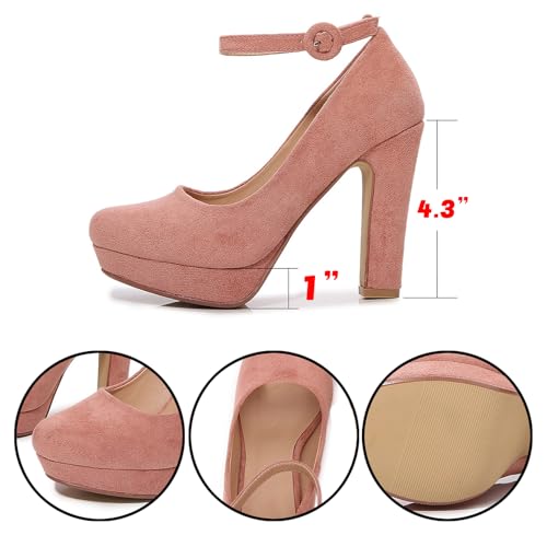 Women'S Suede Platform Ankle Strap Chunky High Heel Pumps,Fashion Vintage Closed Round Toe Dress Heels,for Wedding Party Formal3