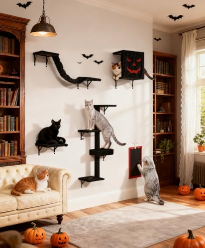 COZIWOW Wall-Mounted Cat Tree | Space-Saving Feline Furniture with Multiple Levels | Durable Scratch Post for Indoor Cats, Black&Red
