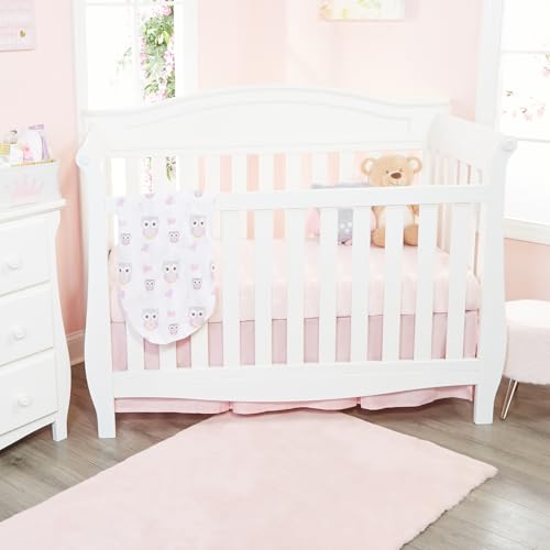 Image of EVERYDAY KIDS 2 Pack Fitted Girls Crib Sheet, 100% Soft Breathable Cotton Baby Sheet, Fits Standard Size Crib Mattress 28in x 52in, White Nursery Sheet with Pink Owls and Hearts and a Solid Pink