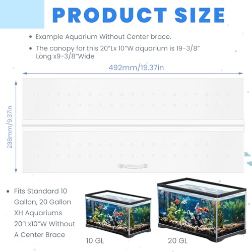 Image of Sieral Aquarium Polycarbonate Canopy Set 19.37 x 9.37 x 0.12 Inch for 10 /20 Gallon Without Center Brace Aquariums Cover Fish Tank Lid with a Hook Knife, Breathable Hole, Handle(Clear)