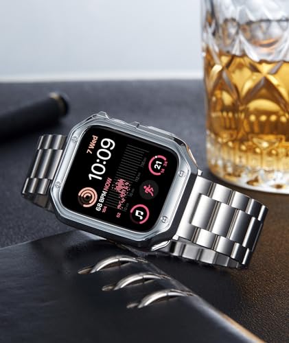 Image of BINLUN Compatible with Apple Watch Band 49mm 46mm 45mm 44mm 42mm 41mm 40mm 38mm Stainless Steel Metal Watch Strap with TPU Watch Case Compatible with iWatch Series(Watch Not Included)