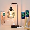 YEHKHEY Industrial Dimmable Table Lamps, Modern Black Bedside Lamp with USB A+C & AC Outlet Charging Ports, Farmhouse Lamp with Metal Cage Shade for Bedroom, Office, Living Room, Bulb Included