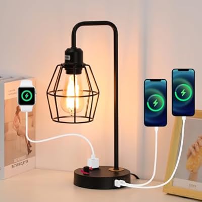 YEHKHEY Industrial Dimmable Table Lamps, Modern Black Bedside Lamp with USB A+C & AC Outlet Charging Ports, Farmhouse Lamp with Metal Cage Shade for Bedroom, Office, Living Room, Bulb Included