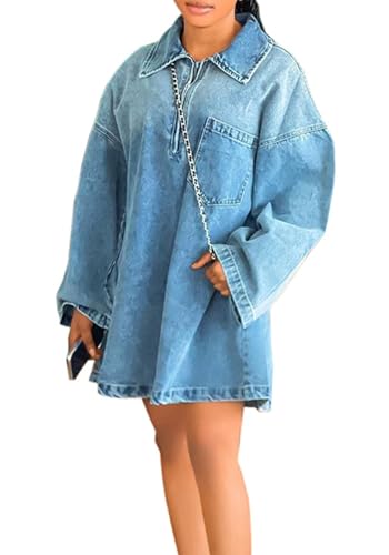 Ecirod Womens 2024 Denim Mini Dress Casual Long Sleeve Half