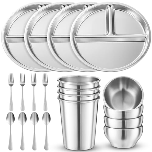 Jinei 20 Pcs Stainless Steel Dishes Set For Kids 4 Stainless Stee...