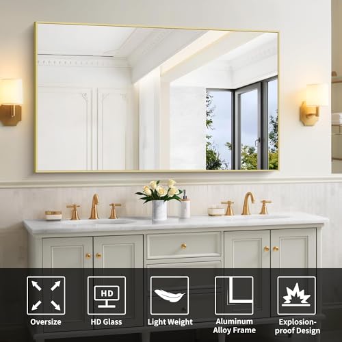 Image of COFENY 30x55In Gold Bathroom Mirror for Wall, Brushed Gold Rectangle Mirrors with Metal Frame, Bathroom Rectangular Mirror Modern Wall Mirror for Bedroom Living Room, Hangs Horizontal or Vertical