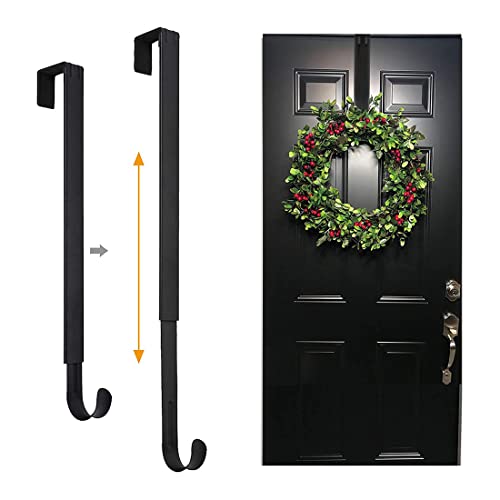 Colgador de corona ajustable para puerta delantera, gancho de corona de metal para puerta alta, paquete de 2 unidades, 15 a 25.5 pulgadas, colgador de puerta, color negro Cover