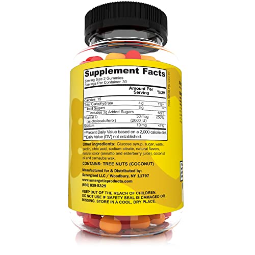 Image of Sunergetic Premium Vitamin D3 Gummies - Powerful Vitamin D Gummies to Support Healthy Bones, Mood & Immune System - 2000 IU of Vitamin D3 per Serving - 60 D3 Gummies